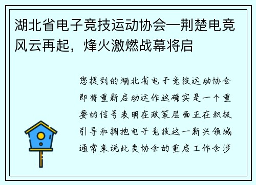 湖北省电子竞技运动协会—荆楚电竞风云再起，烽火激燃战幕将启